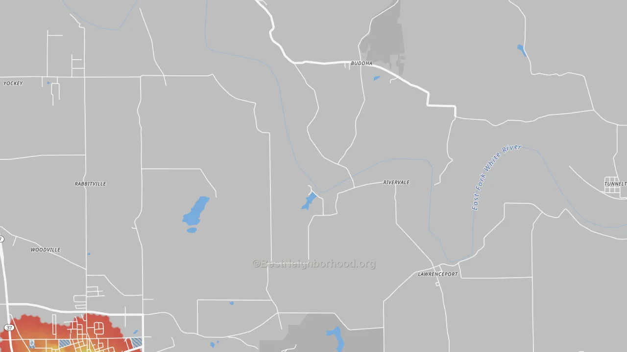 Walk Grade map of River Vale, IN, walkable areas in green and car-dependent areas in red