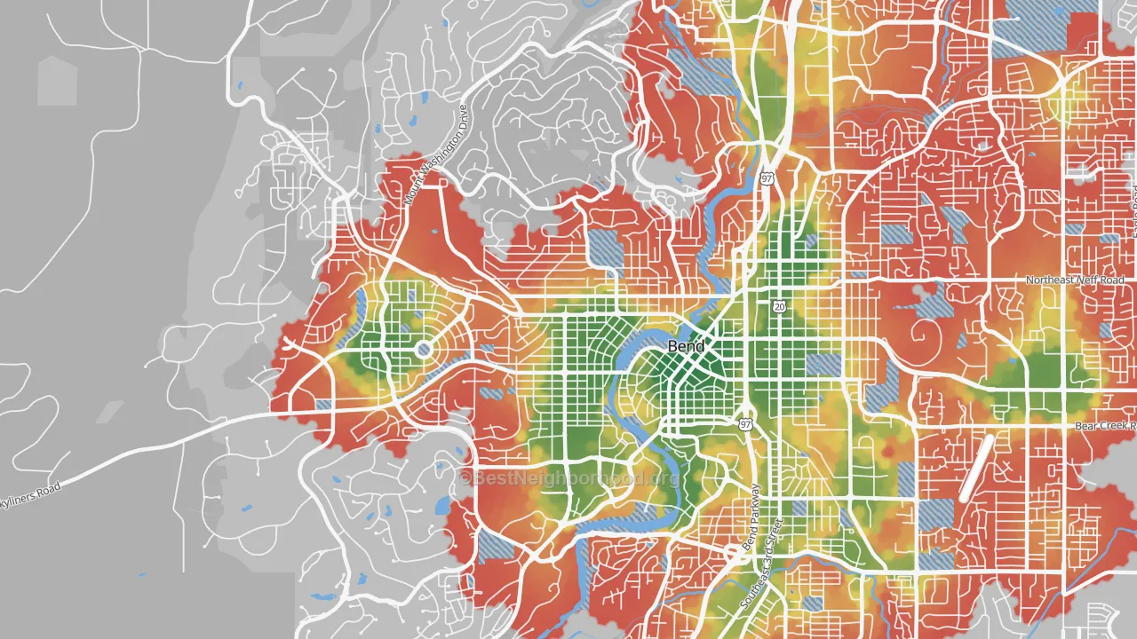Walk Grade map of River West, Bend, OR, walkable areas in green and car-dependent areas in red