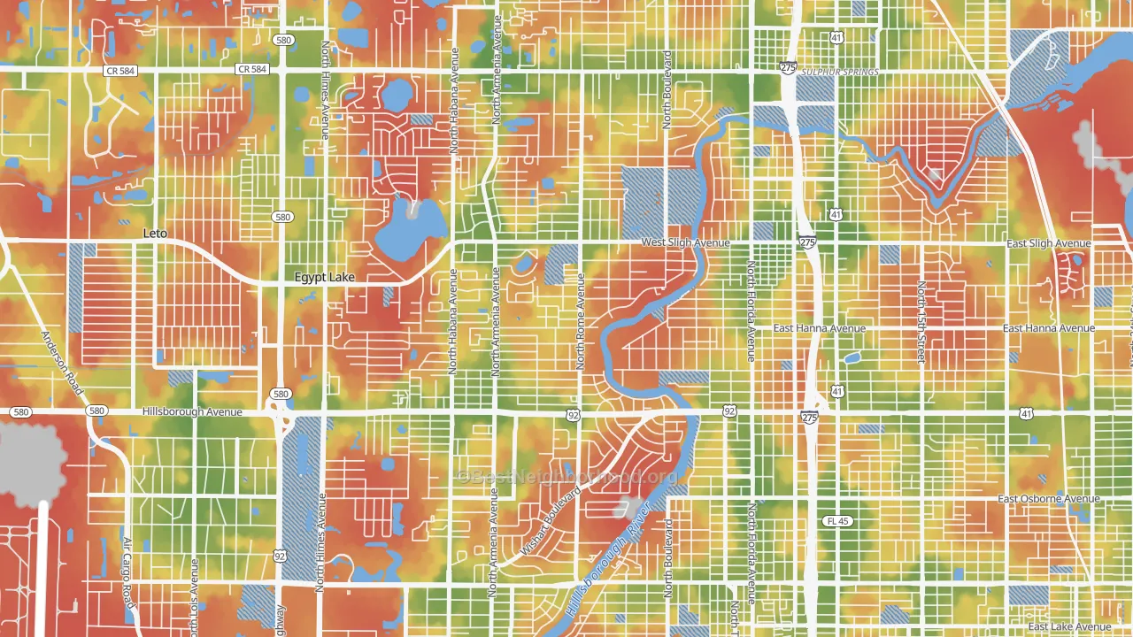 Walk Grade map of Riverbend, Tampa, FL, walkable areas in green and car-dependent areas in red