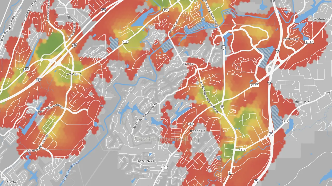 Walk Grade map of Riverchase Country Club, Hoover, AL, walkable areas in green and car-dependent areas in red