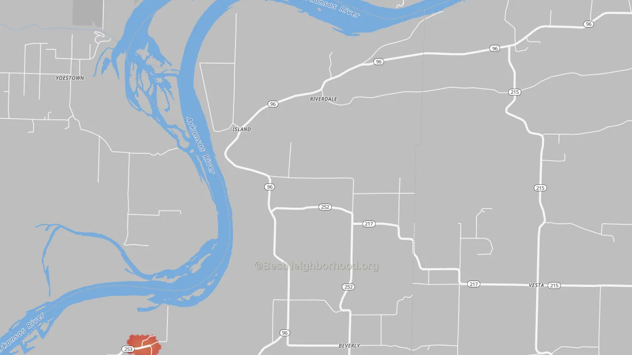 Walk Grade map of Riverdale, AR, walkable areas in green and car-dependent areas in red