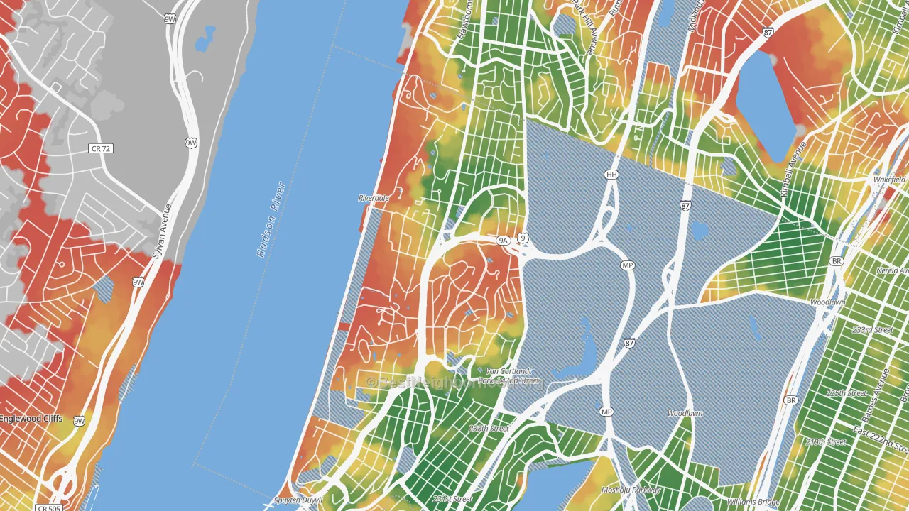 Walk Grade map of Riverdale, Bronx, NY, walkable areas in green and car-dependent areas in red