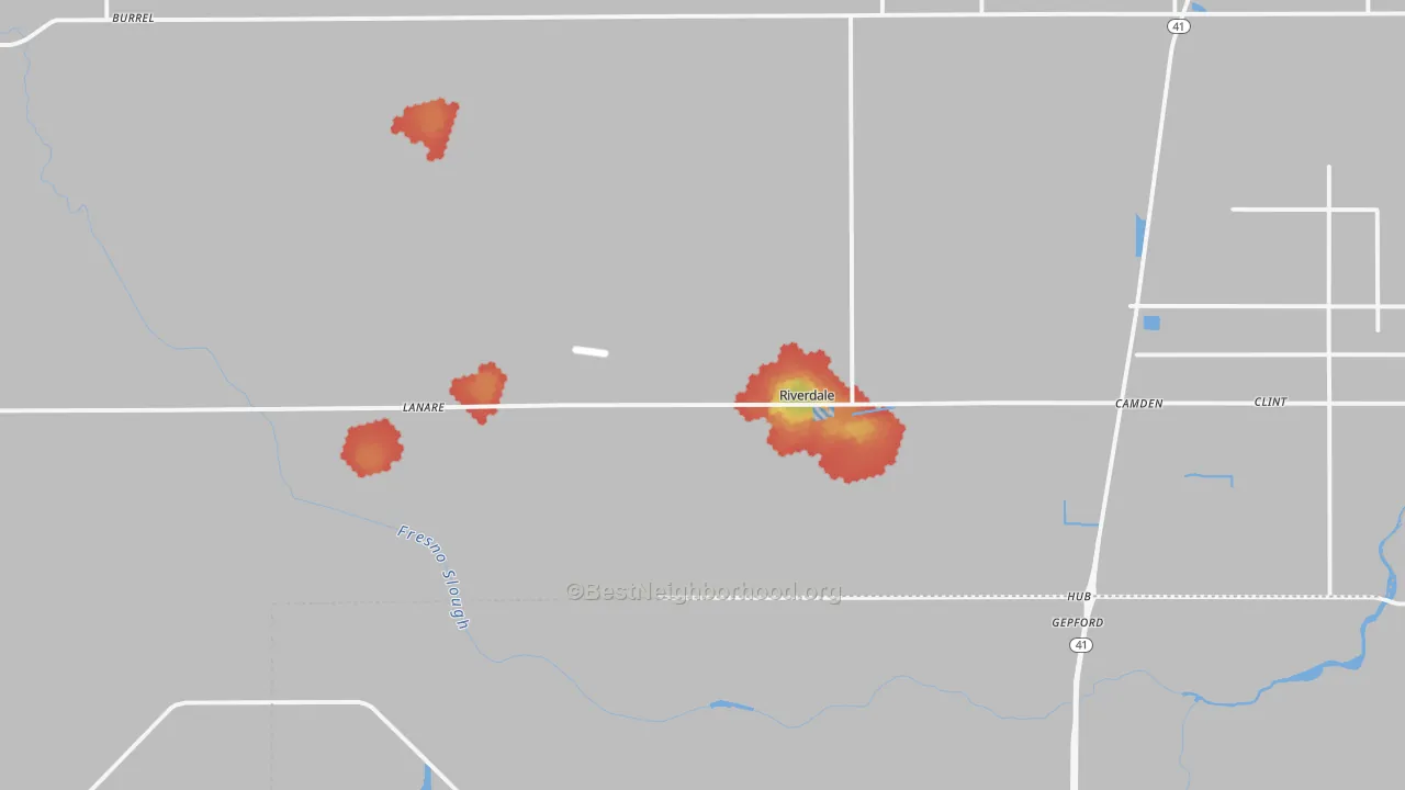 Walk Grade map of Riverdale, CA, walkable areas in green and car-dependent areas in red