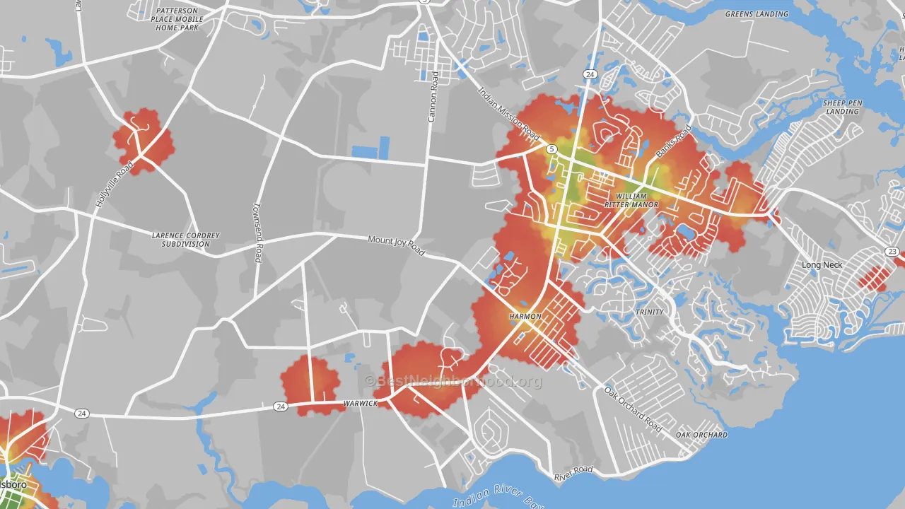 Walk Grade map of Riverdale, DE, walkable areas in green and car-dependent areas in red