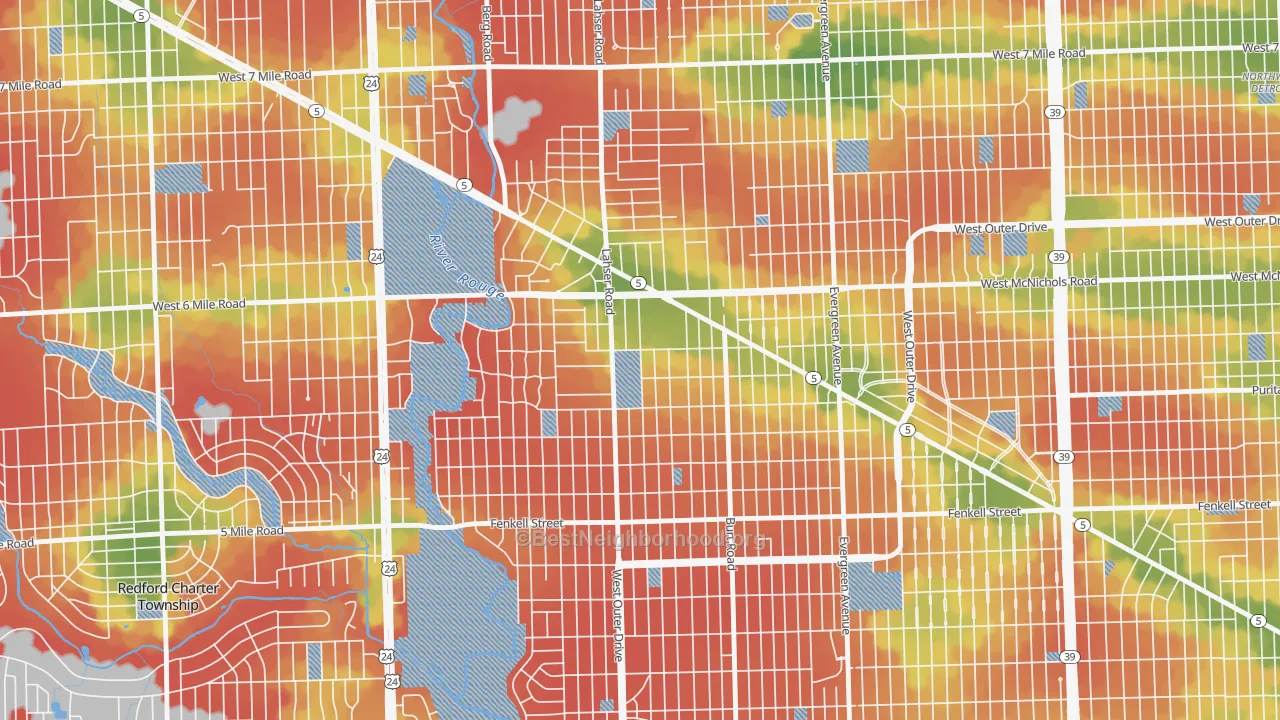 Walk Grade map of Riverdale, Detroit, MI, walkable areas in green and car-dependent areas in red