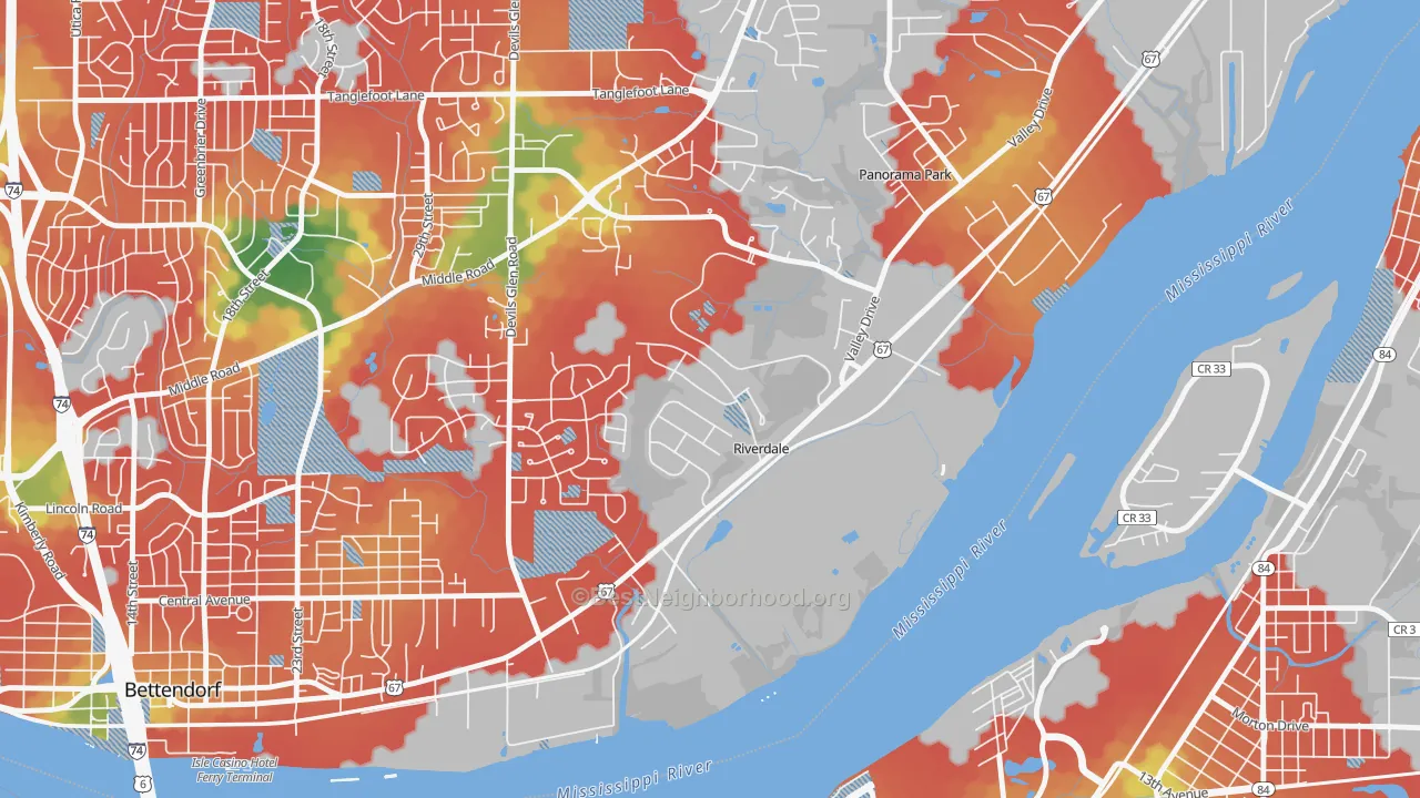 Walk Grade map of Riverdale, IA, walkable areas in green and car-dependent areas in red