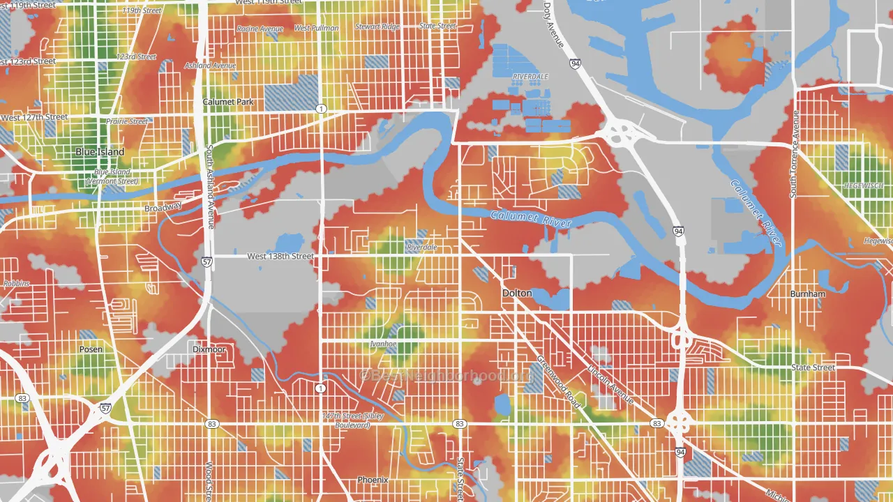 Walk Grade map of Riverdale, IL, walkable areas in green and car-dependent areas in red