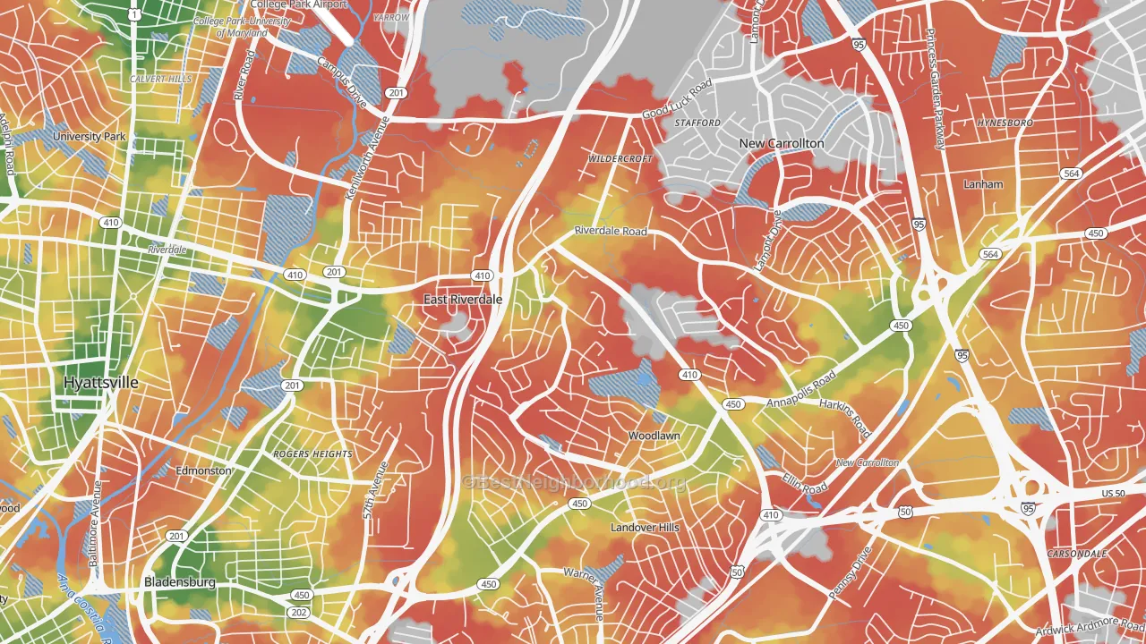 Walk Grade map of Riverdale, MD, walkable areas in green and car-dependent areas in red