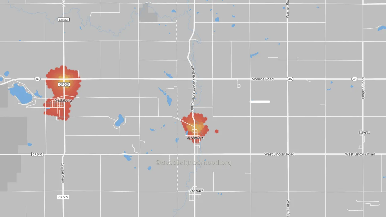 Walk Grade map of Riverdale, MI, walkable areas in green and car-dependent areas in red