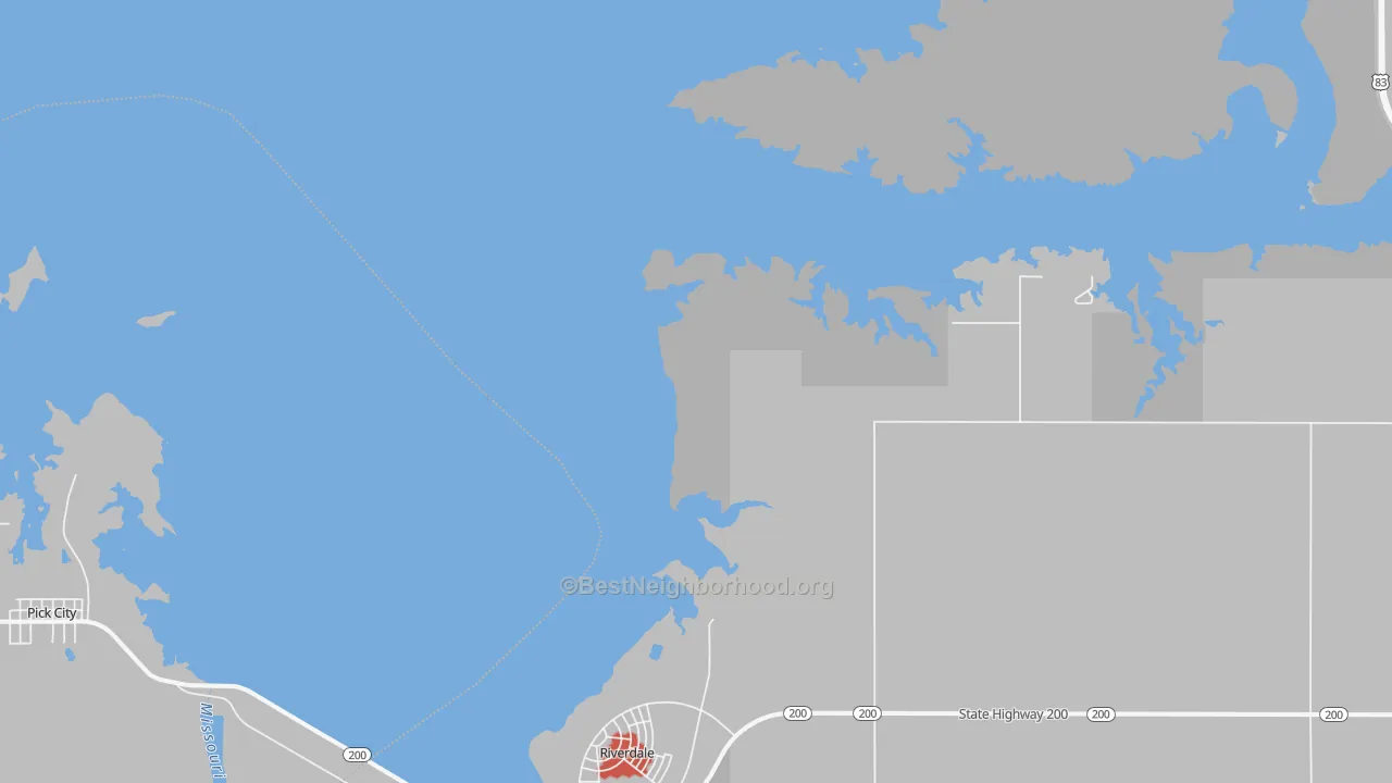Walk Grade map of Riverdale, ND, walkable areas in green and car-dependent areas in red