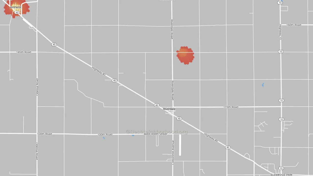 Walk Grade map of Riverdale, NE, walkable areas in green and car-dependent areas in red