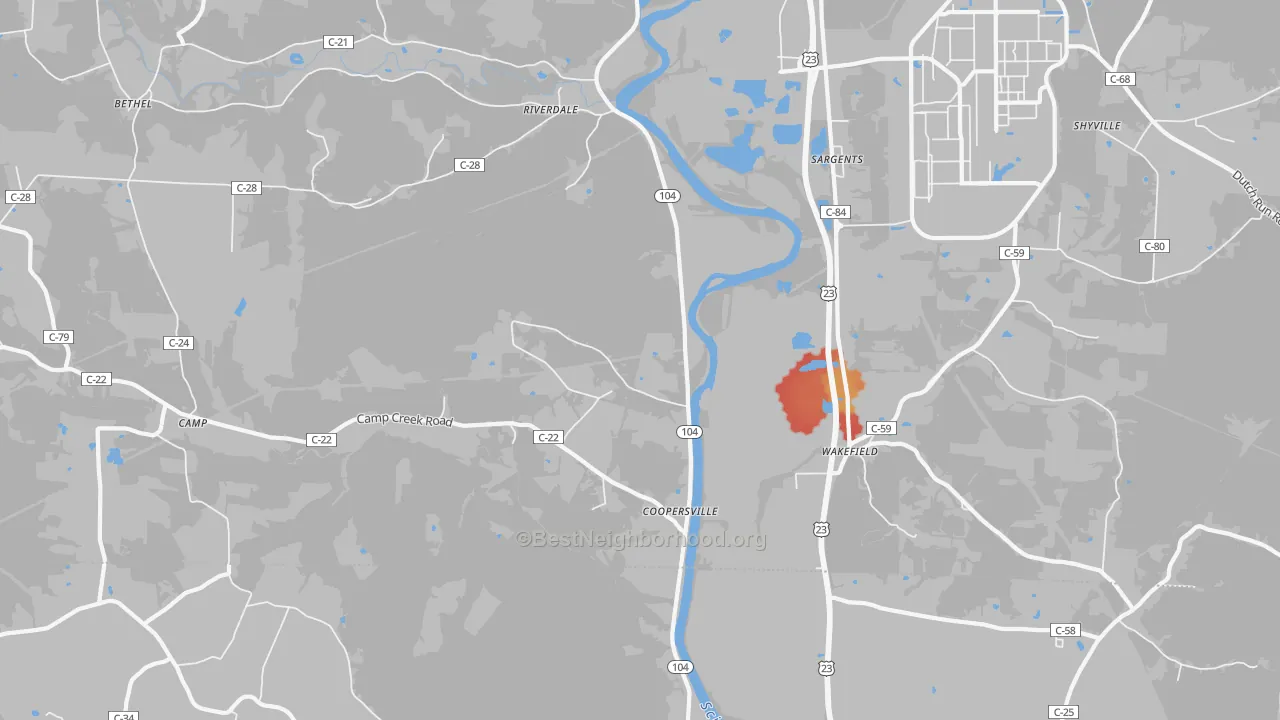 Walk Grade map of Riverdale, OH, walkable areas in green and car-dependent areas in red