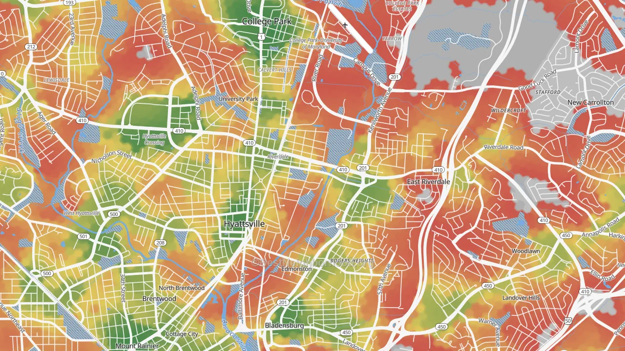 Walk Grade map of Riverdale Park, MD, walkable areas in green and car-dependent areas in red