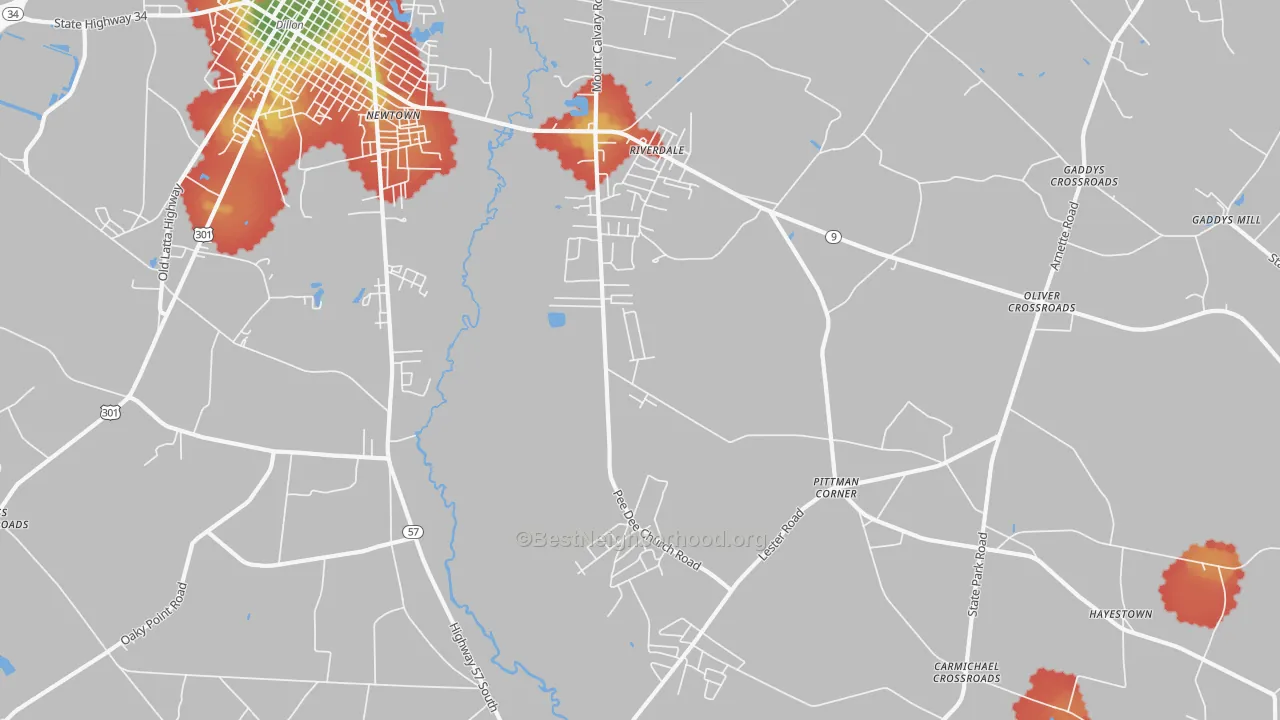 Walk Grade map of Riverdale, SC, walkable areas in green and car-dependent areas in red