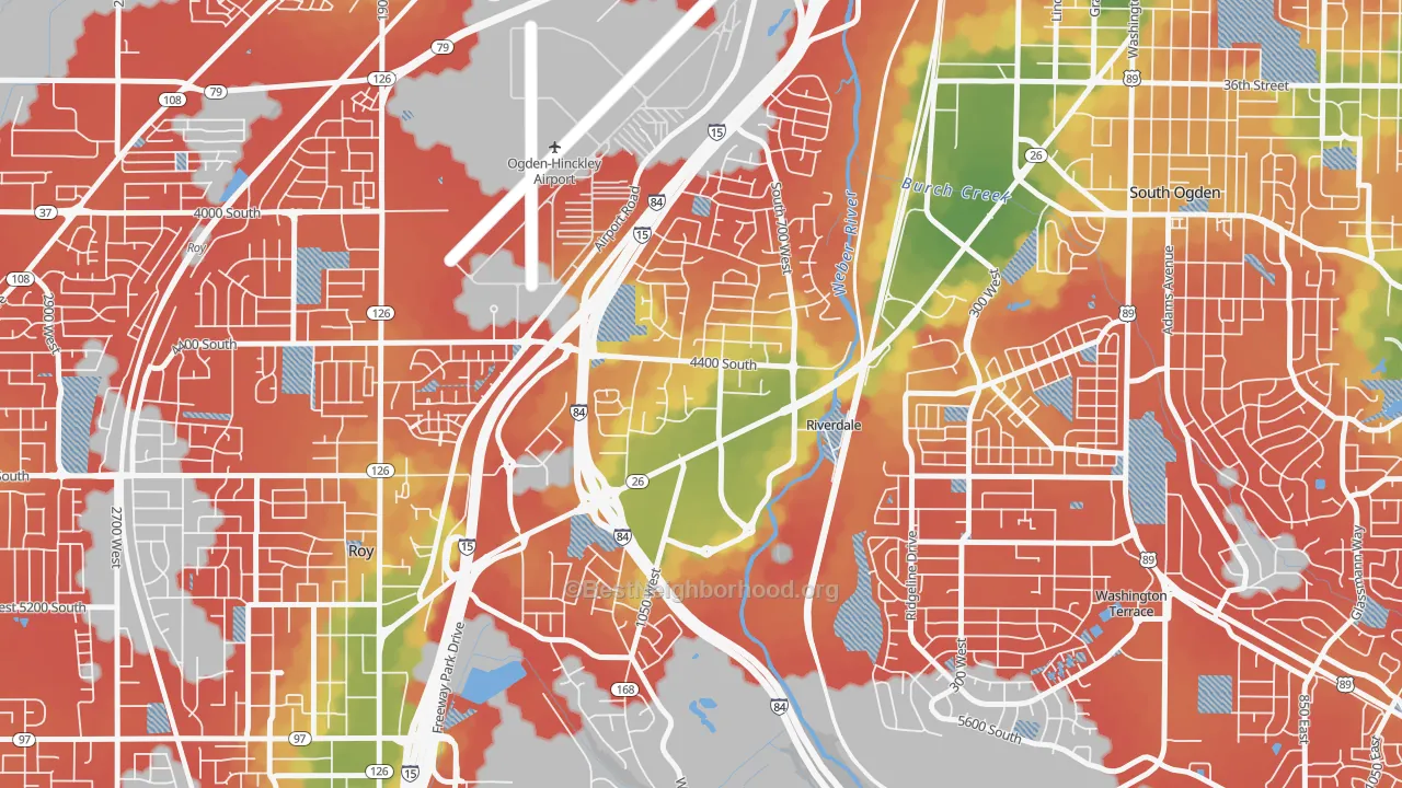 Walk Grade map of Riverdale, UT, walkable areas in green and car-dependent areas in red