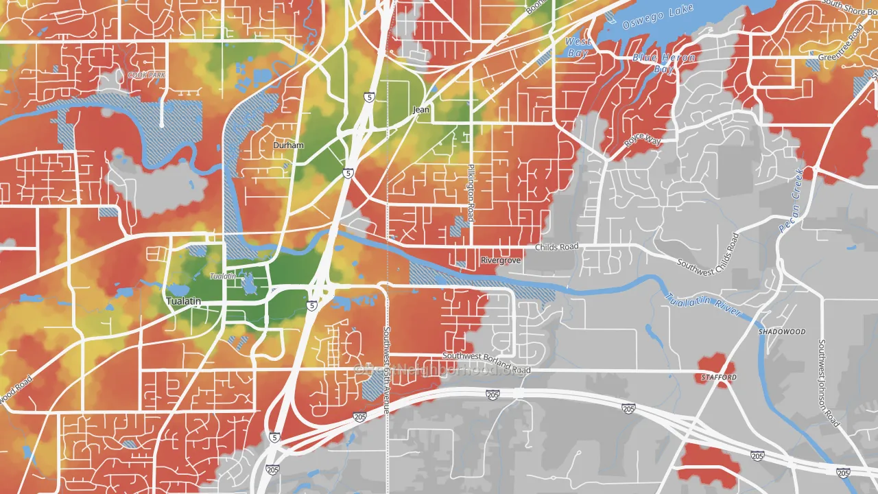 Walk Grade map of Rivergrove, OR, walkable areas in green and car-dependent areas in red