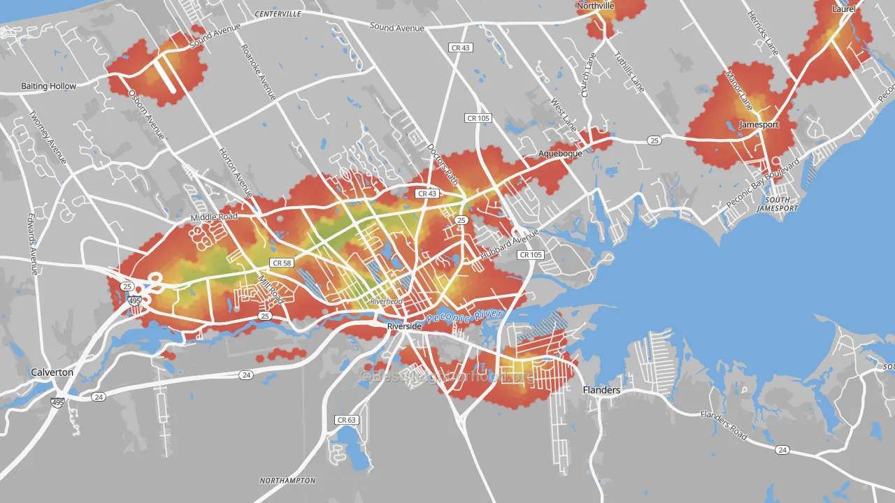 Walk Grade map of Riverhead, NY, walkable areas in green and car-dependent areas in red