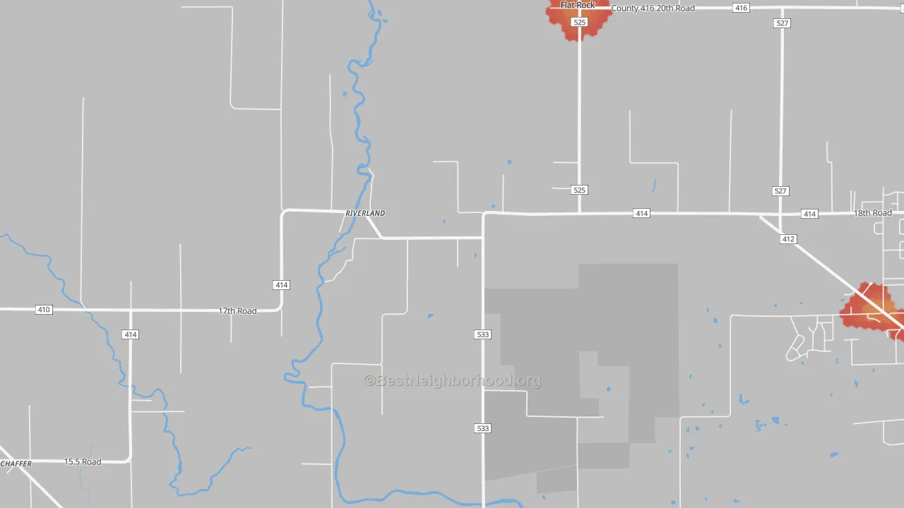 Walk Grade map of Riverland, MI, walkable areas in green and car-dependent areas in red