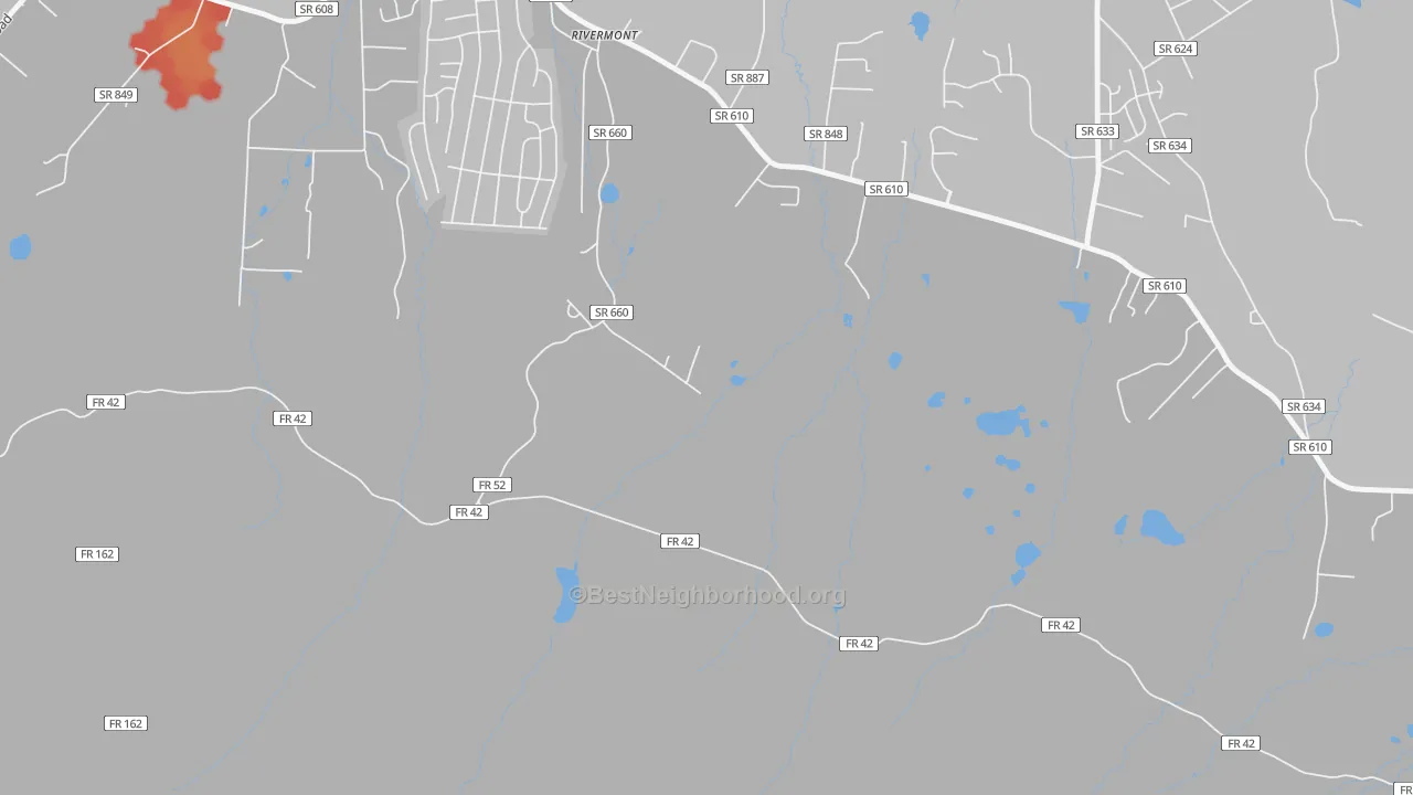 Walk Grade map of Rivermont, VA, walkable areas in green and car-dependent areas in red