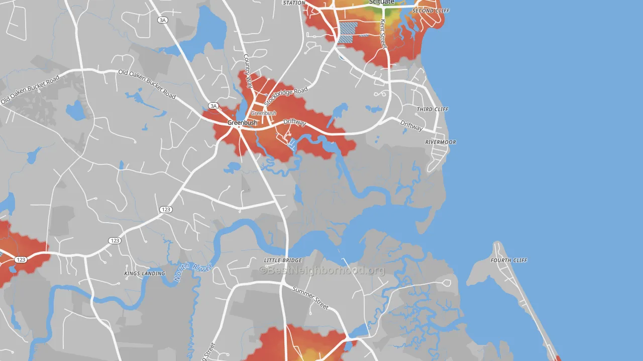 Walk Grade map of Rivermoor, MA, walkable areas in green and car-dependent areas in red