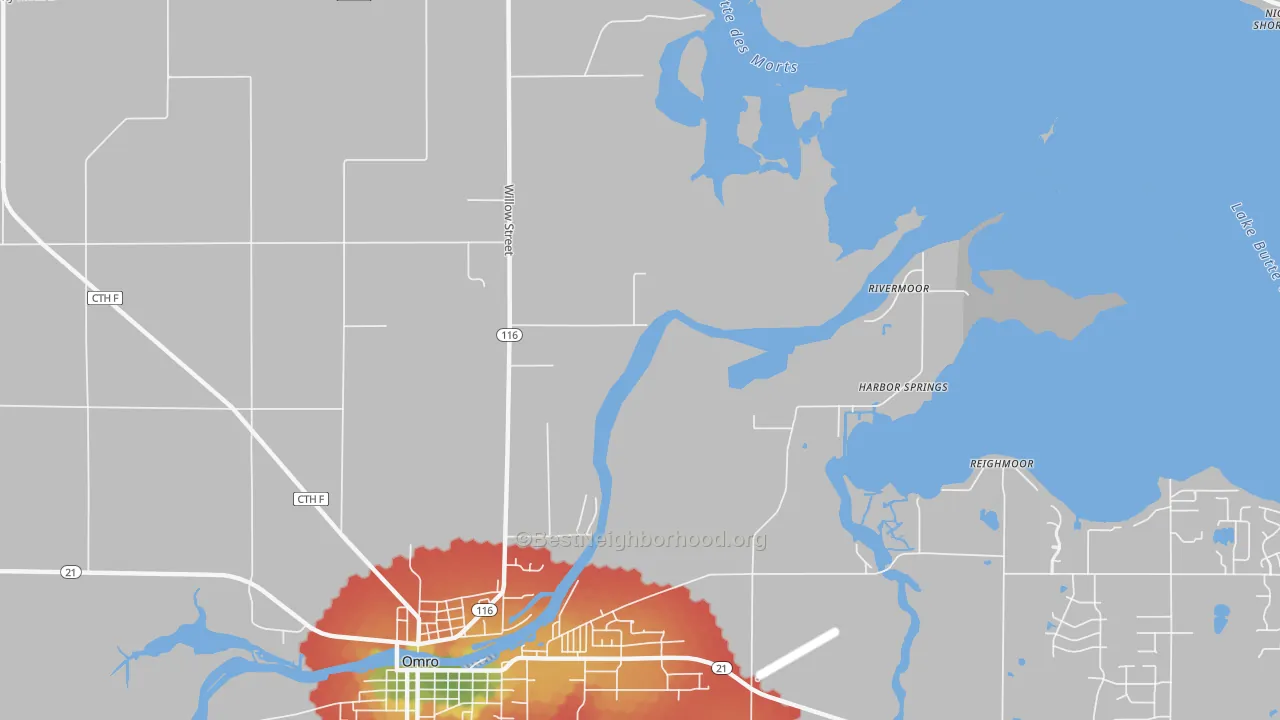 Walk Grade map of Rivermoor, WI, walkable areas in green and car-dependent areas in red