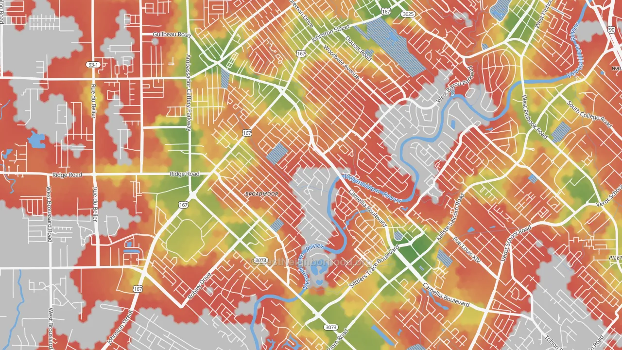 Walk Grade map of Rivers Bend Estates, Lafayette, LA, walkable areas in green and car-dependent areas in red