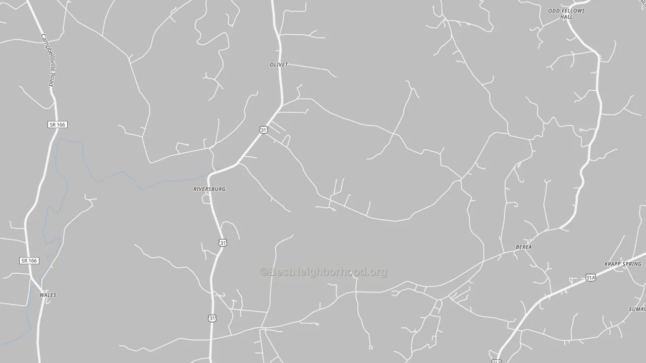 Walk Grade map of Riversburg, TN, walkable areas in green and car-dependent areas in red