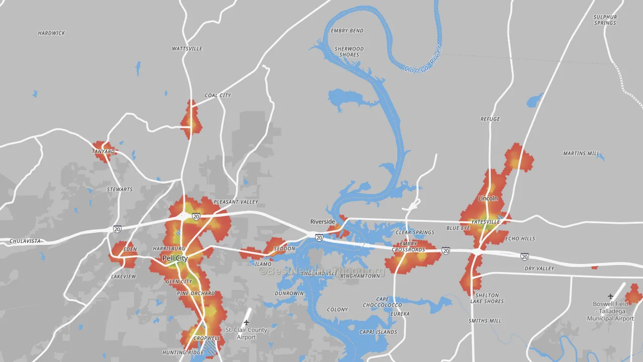 Walk Grade map of Riverside, AL, walkable areas in green and car-dependent areas in red