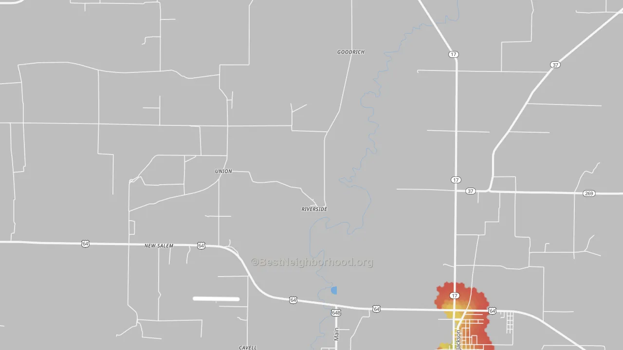 Walk Grade map of Riverside, AR, walkable areas in green and car-dependent areas in red