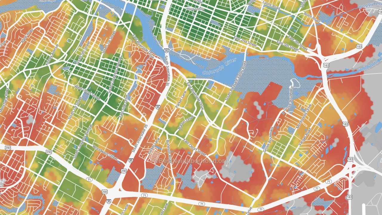 Walk Grade map of Riverside, Austin, TX, walkable areas in green and car-dependent areas in red