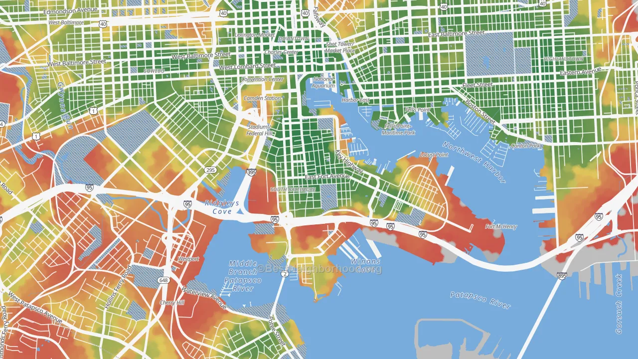 Walk Grade map of Riverside, Baltimore, MD, walkable areas in green and car-dependent areas in red