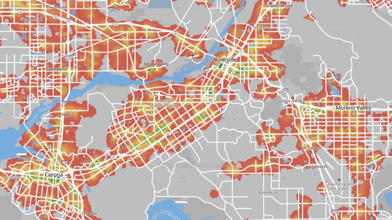 Walk Grade map of Riverside, CA, walkable areas in green and car-dependent areas in red