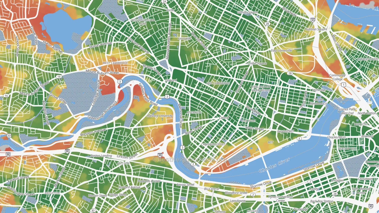 Walk Grade map of Riverside, Cambridge, MA, walkable areas in green and car-dependent areas in red