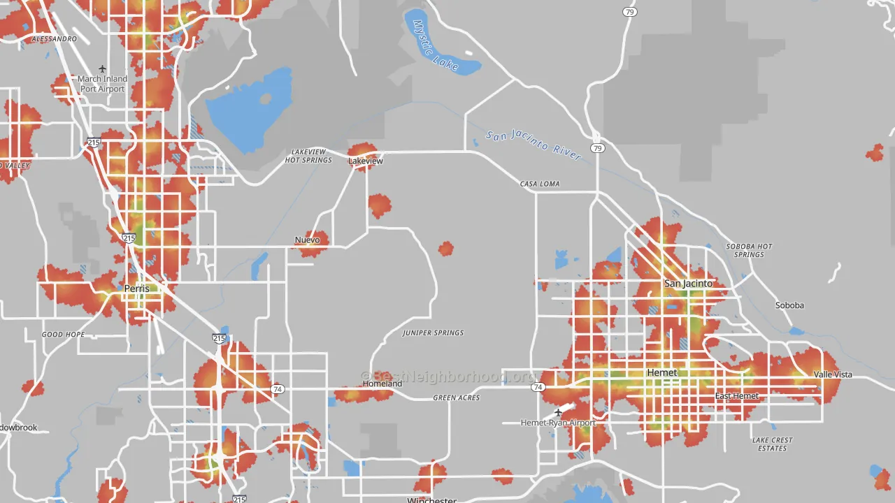 Walk Grade map of Riverside County, CA, walkable areas in green and car-dependent areas in red