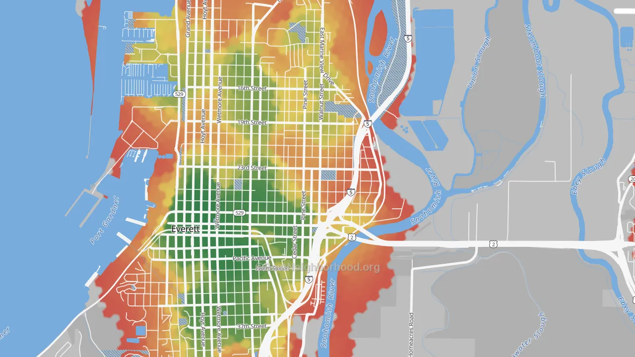 Walk Grade map of Riverside-Everett, Everett, WA, walkable areas in green and car-dependent areas in red