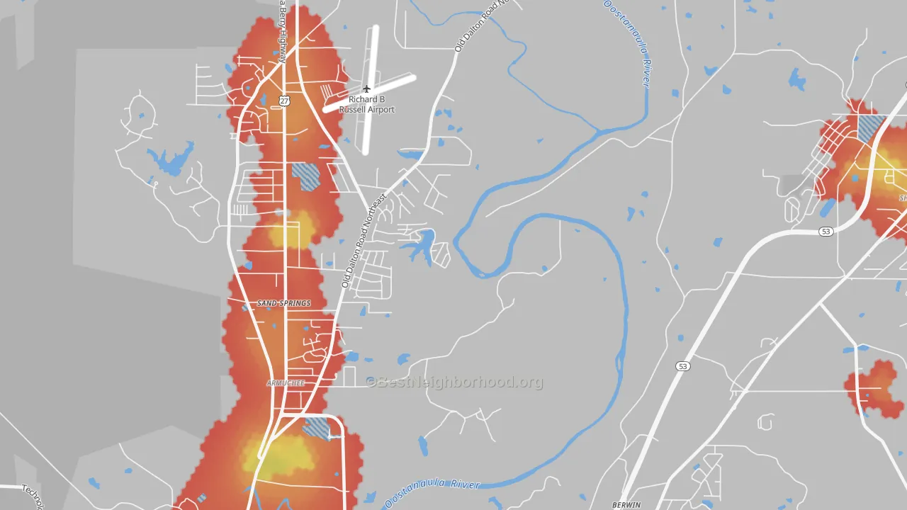 Walk Grade map of Riverside, GA, walkable areas in green and car-dependent areas in red