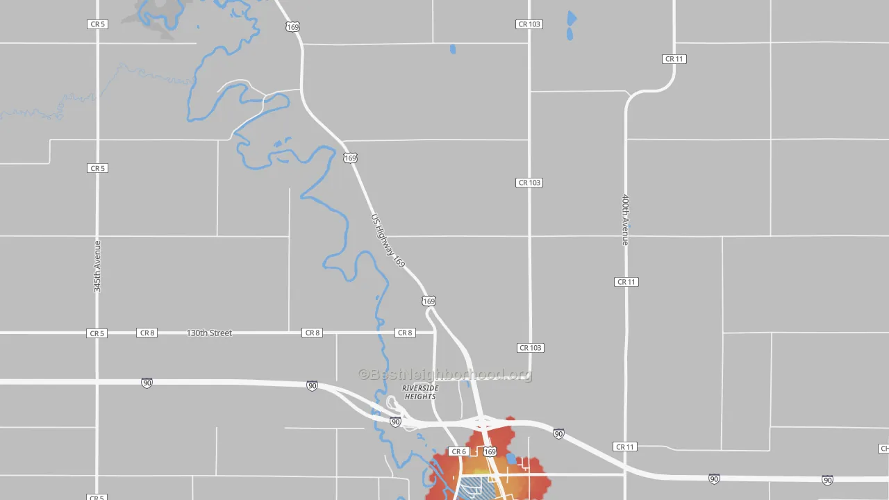 Walk Grade map of Riverside Heights, MN, walkable areas in green and car-dependent areas in red