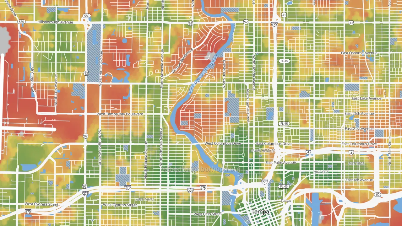Walk Grade map of Riverside Heights, Tampa, FL, walkable areas in green and car-dependent areas in red