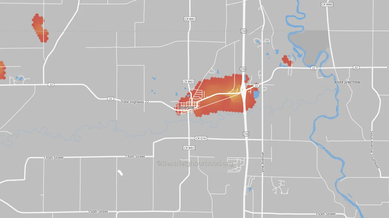 Walk Grade map of Riverside, IA, walkable areas in green and car-dependent areas in red