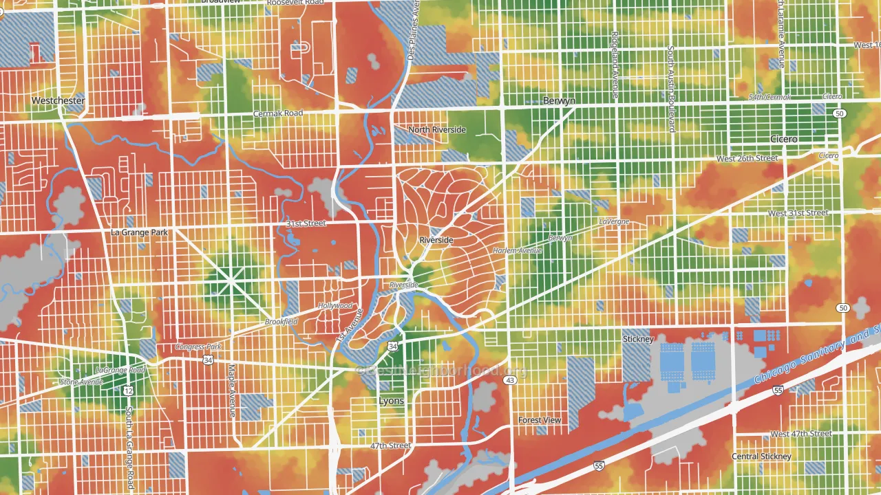 Walk Grade map of Riverside, IL, walkable areas in green and car-dependent areas in red
