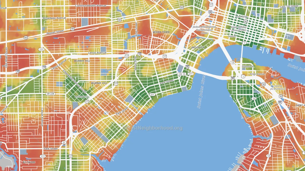 Walk Grade map of Riverside, Jacksonville, FL, walkable areas in green and car-dependent areas in red