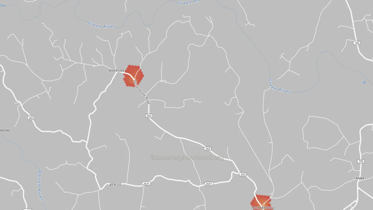 Walk Grade map of Riverside, KY, walkable areas in green and car-dependent areas in red
