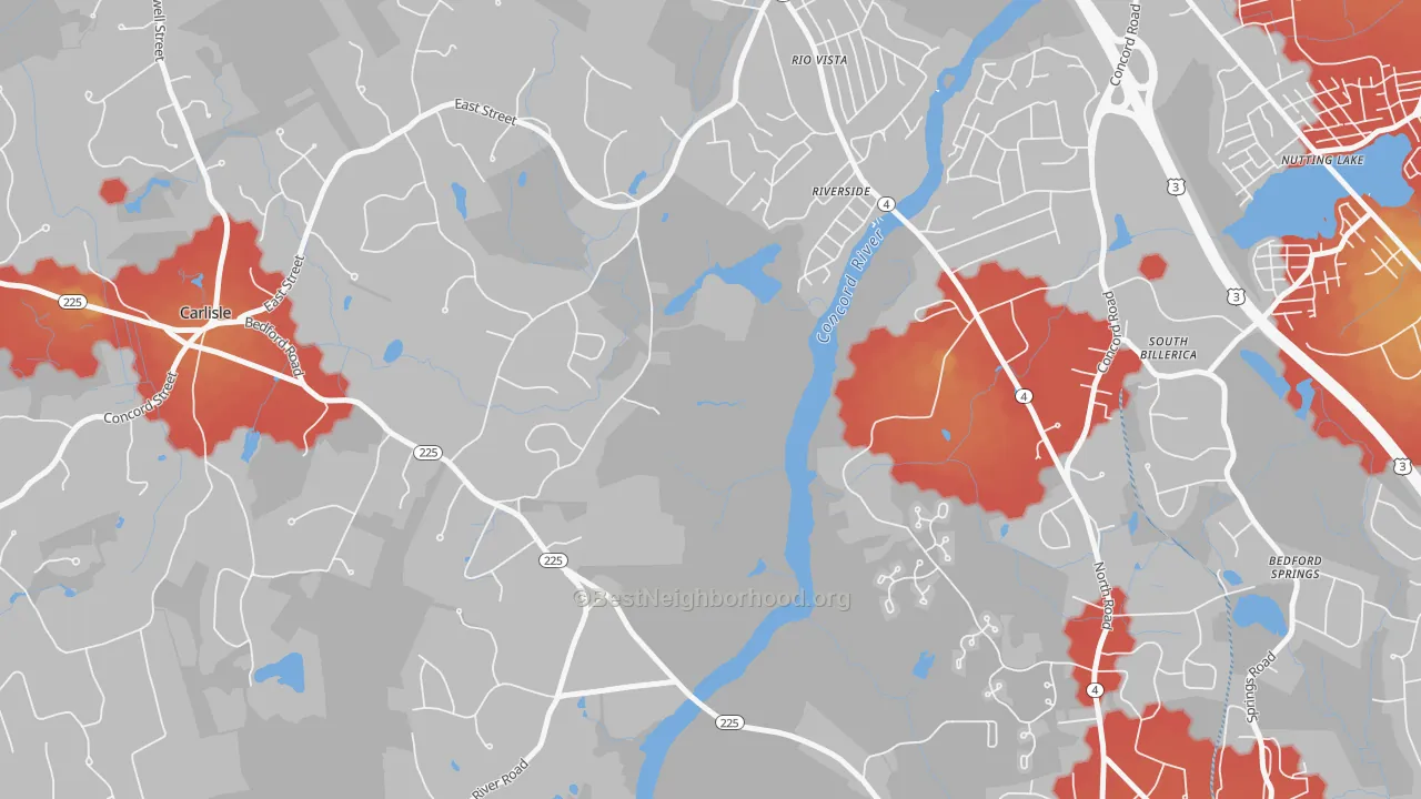 Walk Grade map of Riverside, MA, walkable areas in green and car-dependent areas in red