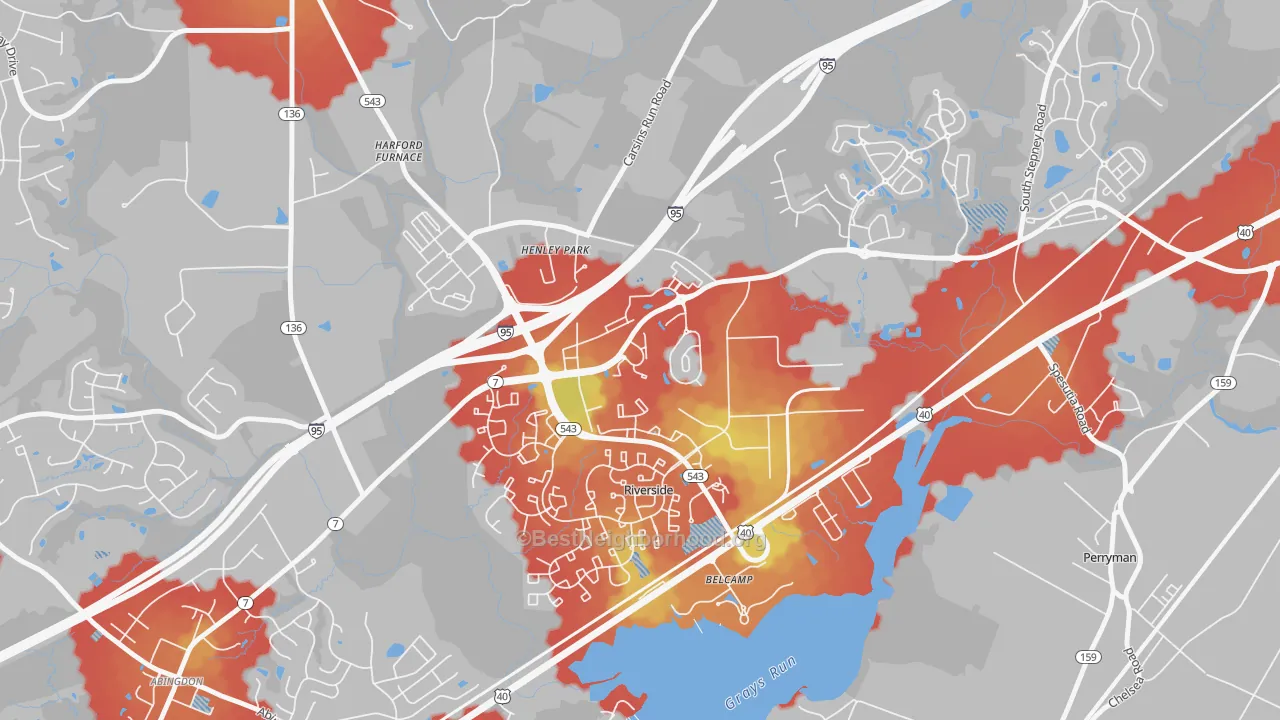 Walk Grade map of Riverside, MD, walkable areas in green and car-dependent areas in red