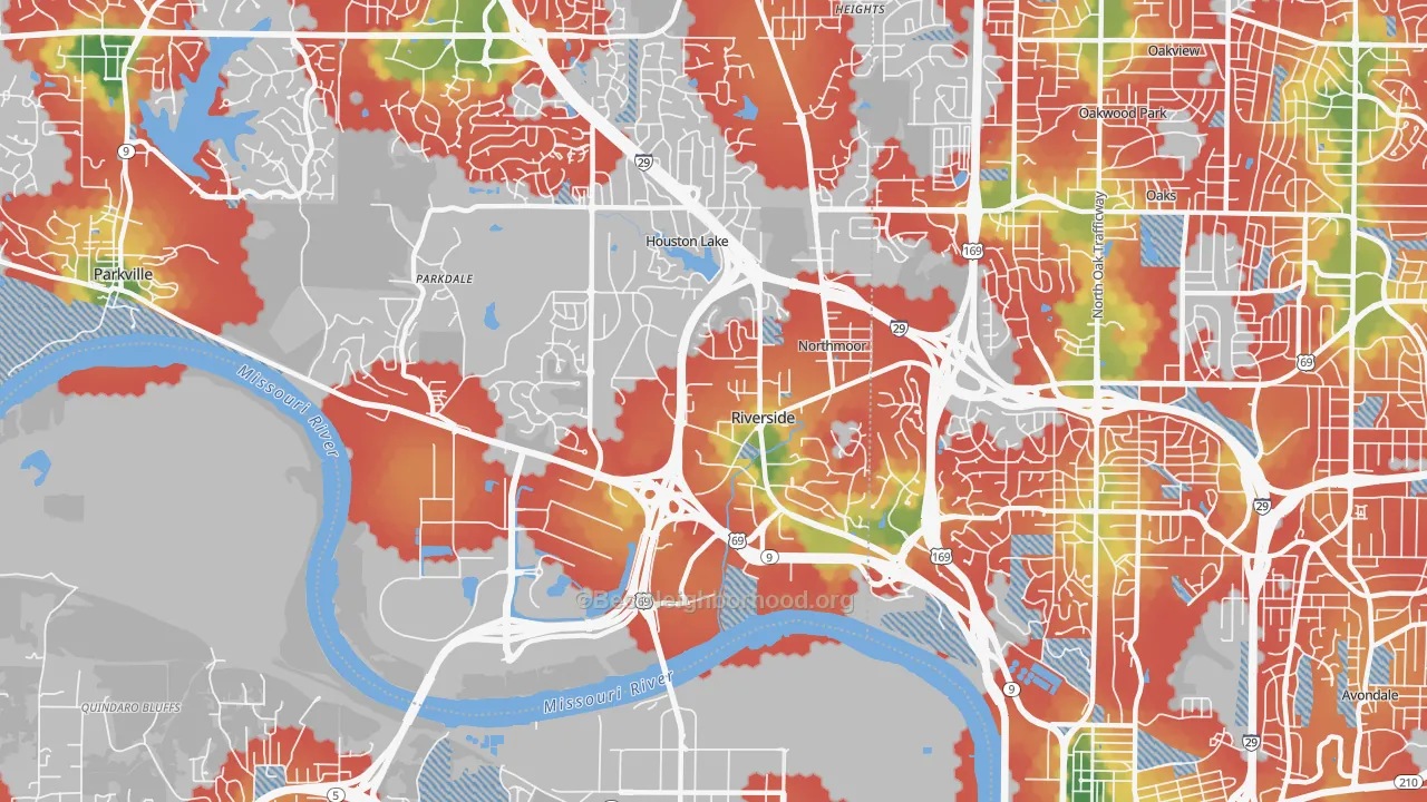 Walk Grade map of Riverside, MO, walkable areas in green and car-dependent areas in red