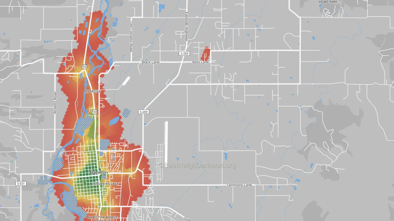 Walk Grade map of Riverside, MT, walkable areas in green and car-dependent areas in red