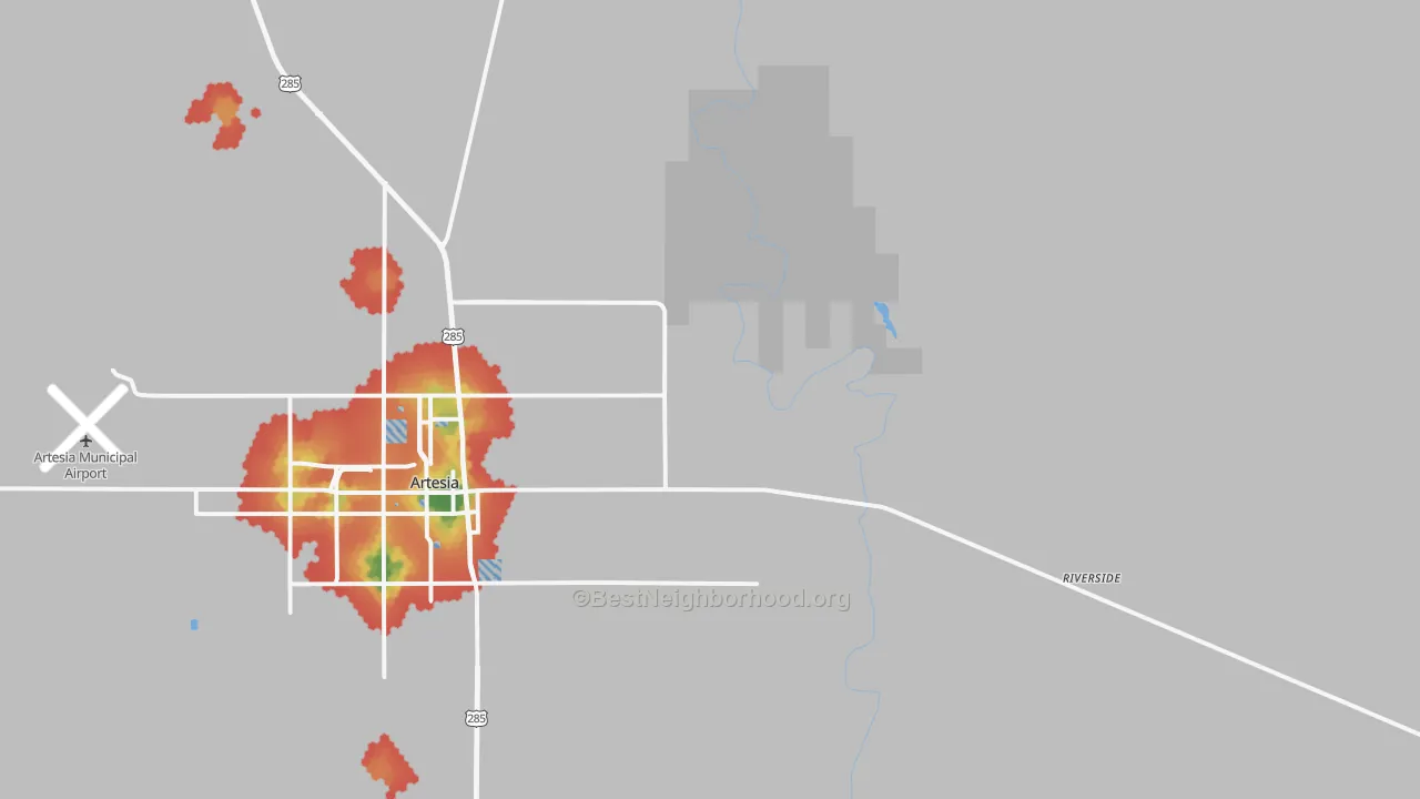 Walk Grade map of Riverside, NM, walkable areas in green and car-dependent areas in red