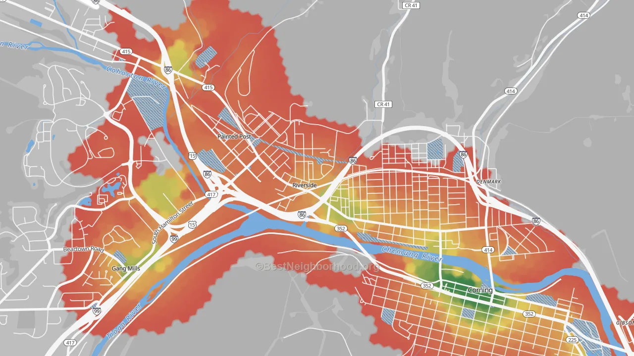 Walk Grade map of Riverside, NY, walkable areas in green and car-dependent areas in red