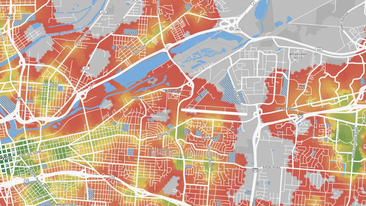 Walk Grade map of Riverside, OH, walkable areas in green and car-dependent areas in red