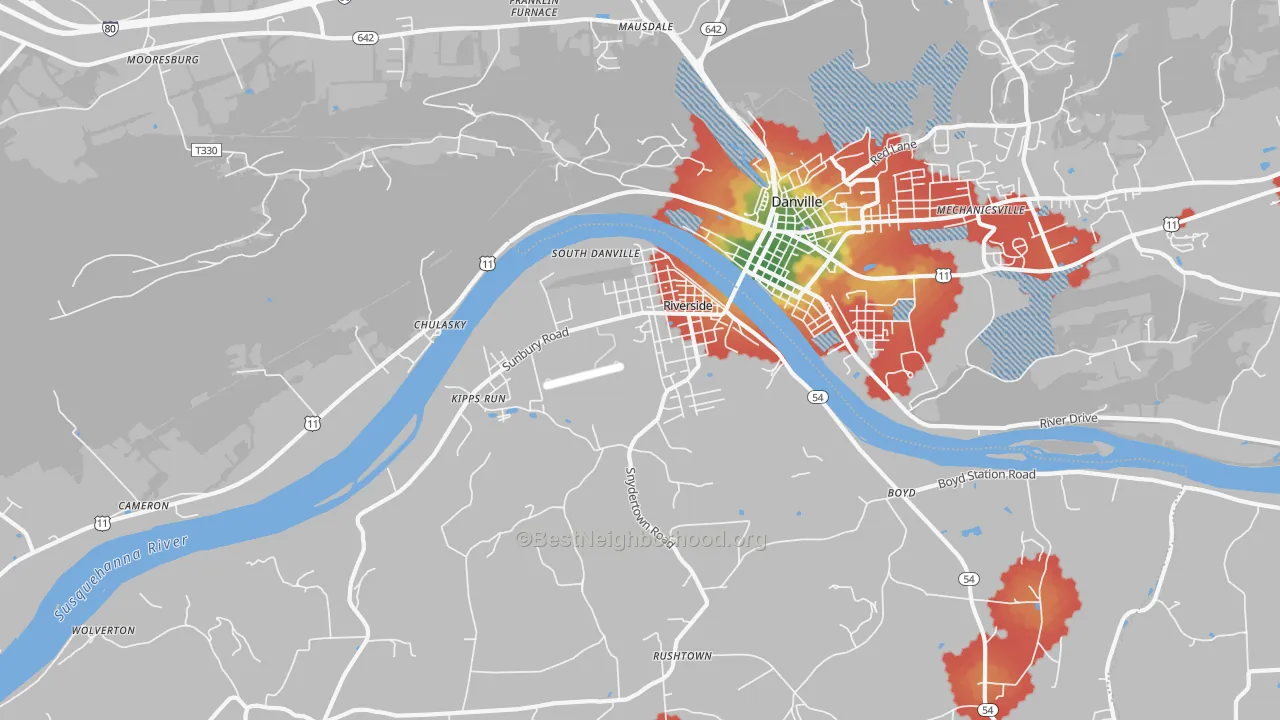 Walk Grade map of Riverside, PA, walkable areas in green and car-dependent areas in red